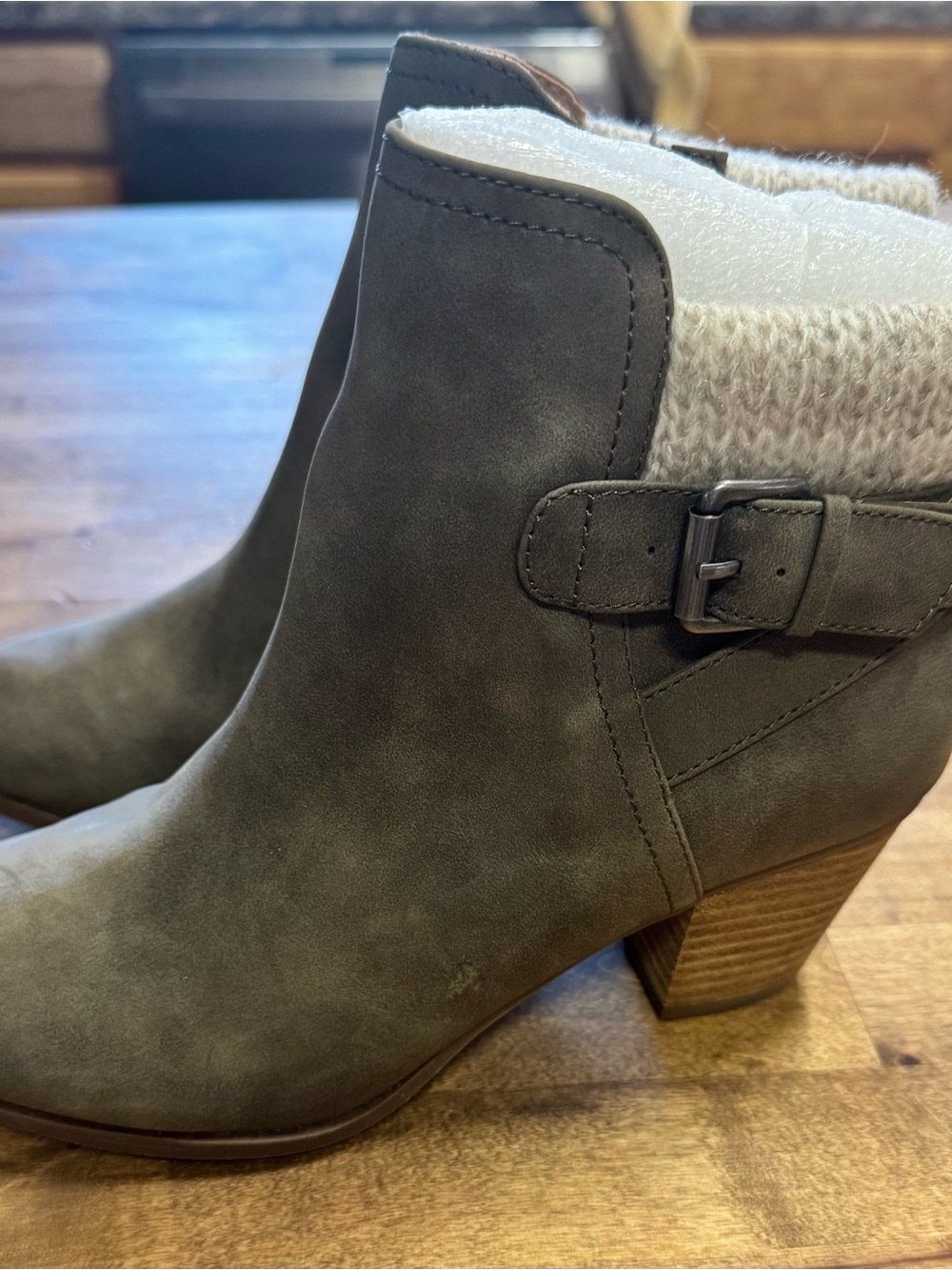 Women's Gray Suede Ankle Booties with Knit Collar and Buckle
